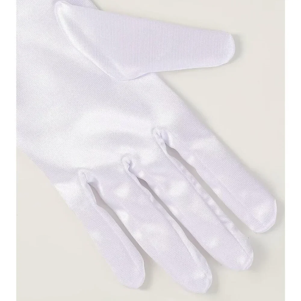 Women's White Satin Pearl Short Length Wrist Gloves Wedding Banquet Party Prom